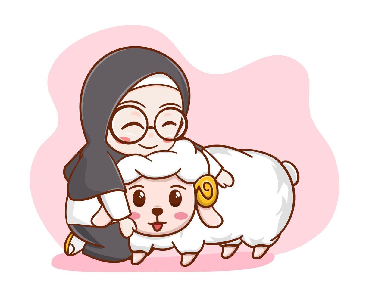 A cute girl hugging a sheep in eid al adha cartoon character vector