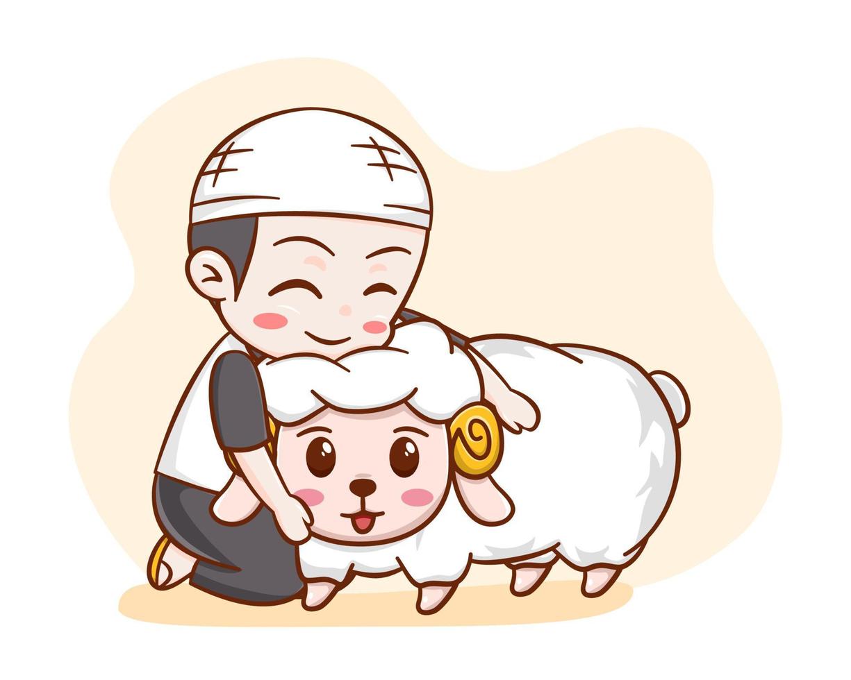 A cute boy hugging a sheep in eid al adha cartoon character vector