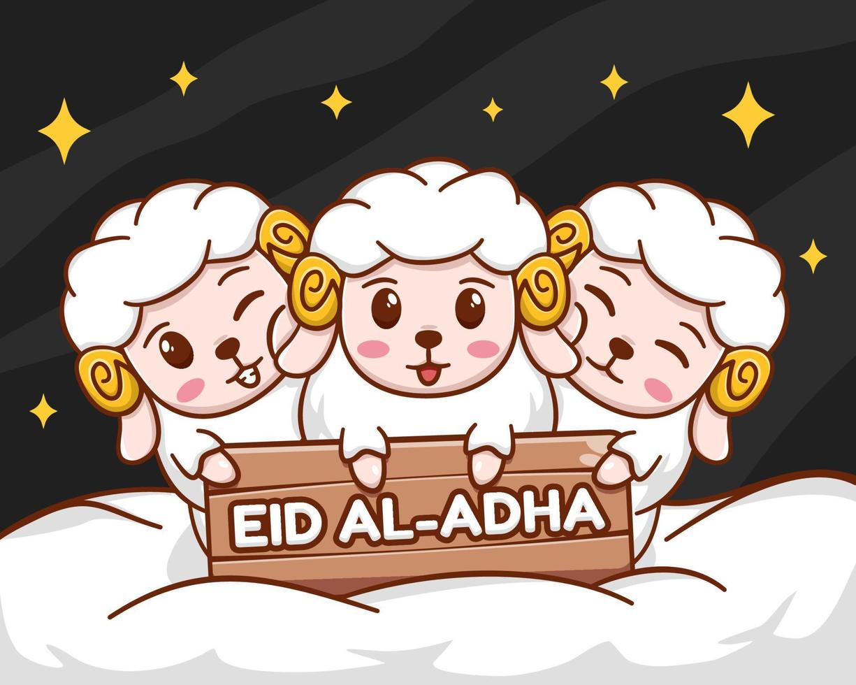 eid al adha mubarak con linda ilustración de dibujos animados de ovejas vector
