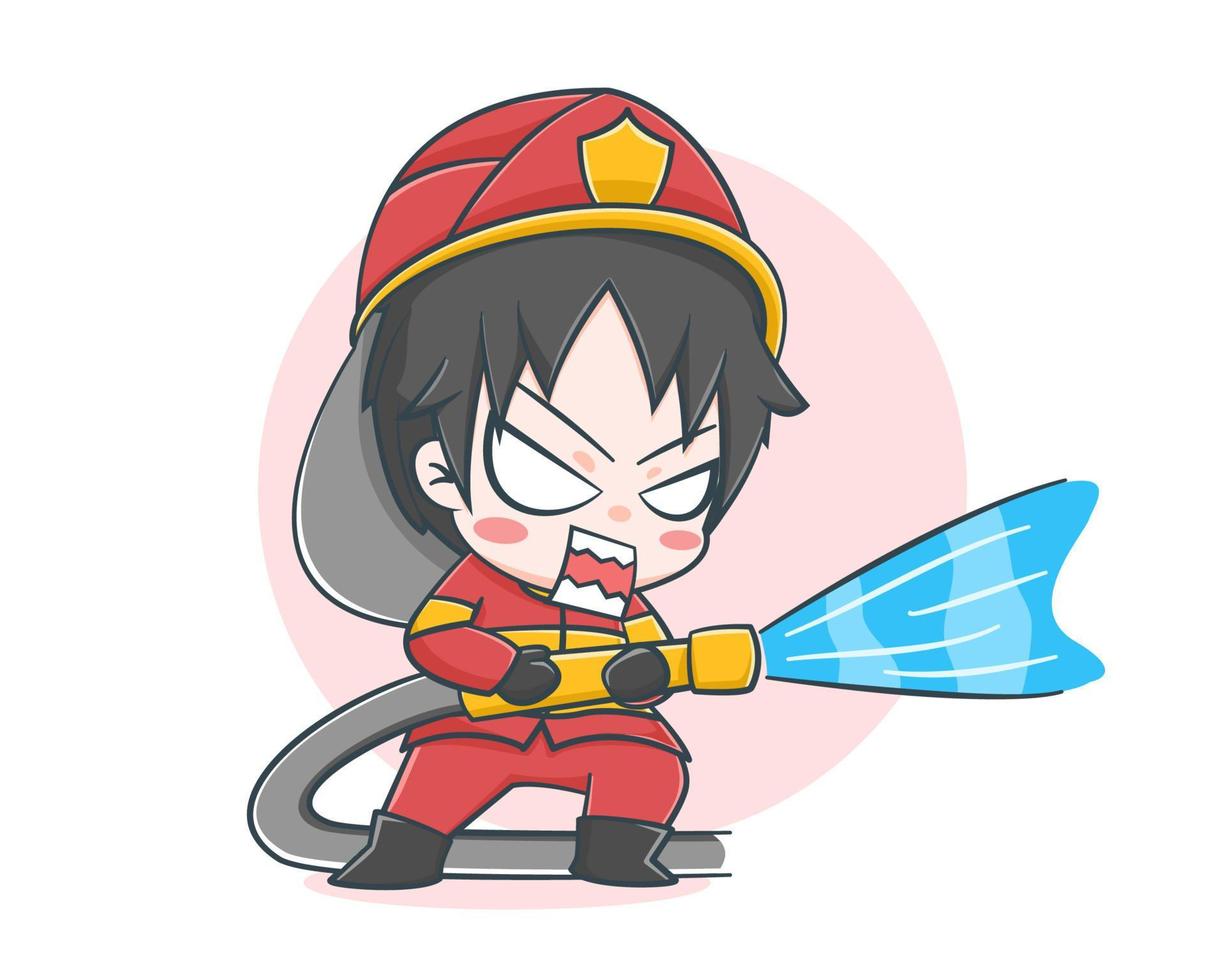 Cute fireman watering the fire cartoon illustration vector