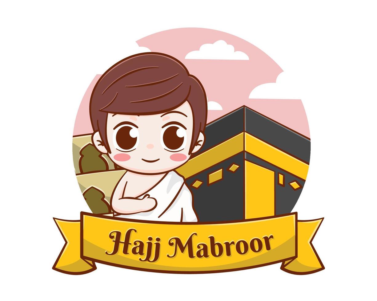 Islamic hajj pilgrimage with cute boy and kaaba cartoon illustration vector