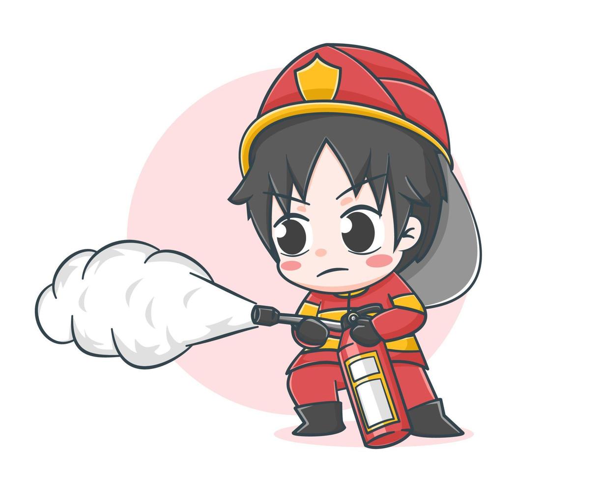 Cute fireman using a fire extinguisher cartoon illustration vector