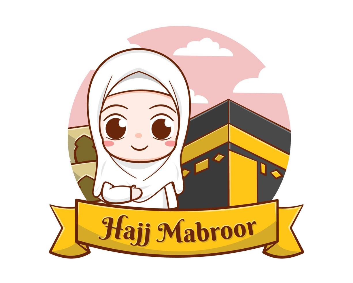 Islamic hajj pilgrimage with cute girl and kaaba cartoon illustration vector