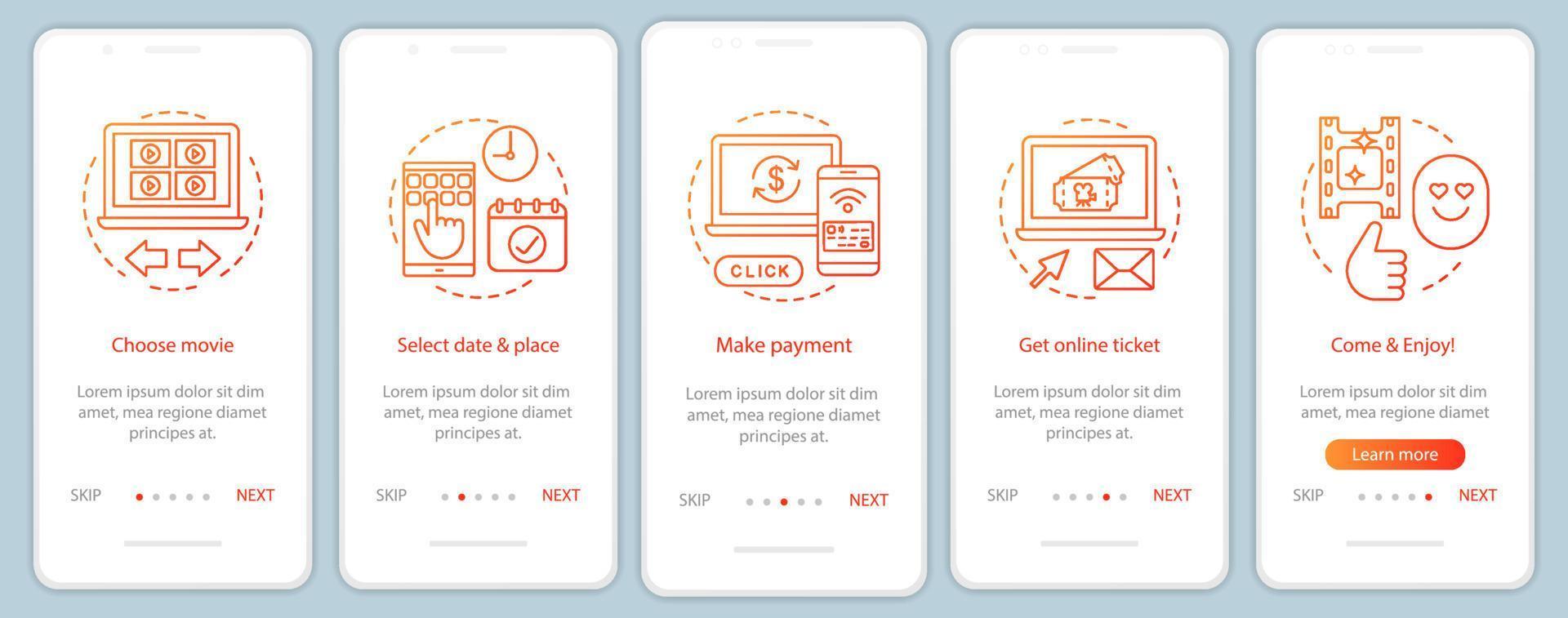 Cinema onboarding mobile app page screen vector template. Film ticket booking payment. Movie premiere event. Walkthrough website steps, linear illustrations. UX, UI, GUI smartphone interface concept