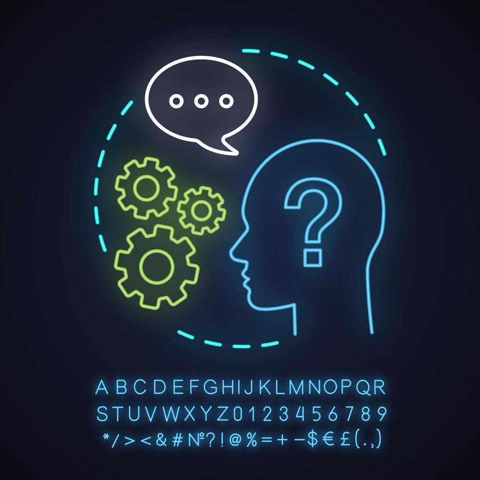 Curiosity neon light concept icon. Problem solving idea. Confusion. Glowing sign with alphabet, numbers and symbols. Thinking. Vector isolated illustration