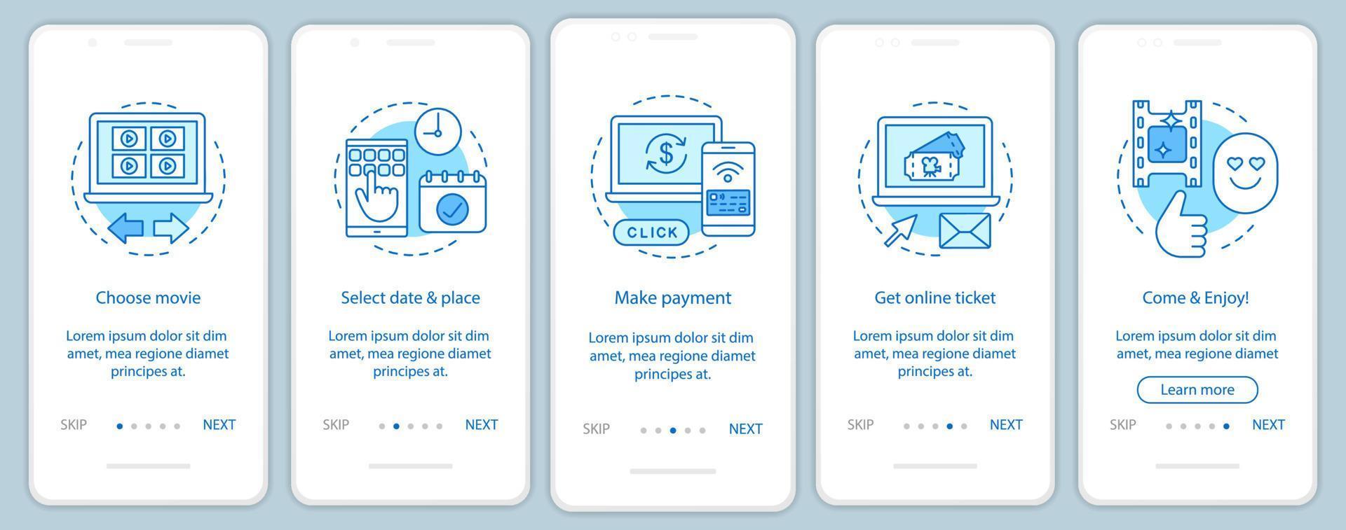 Cinema onboarding mobile app page screen vector template. Movie theater tickets booking. Film premiere event. Walkthrough website steps, linear illustrations. UX, UI, GUI smartphone interface concept
