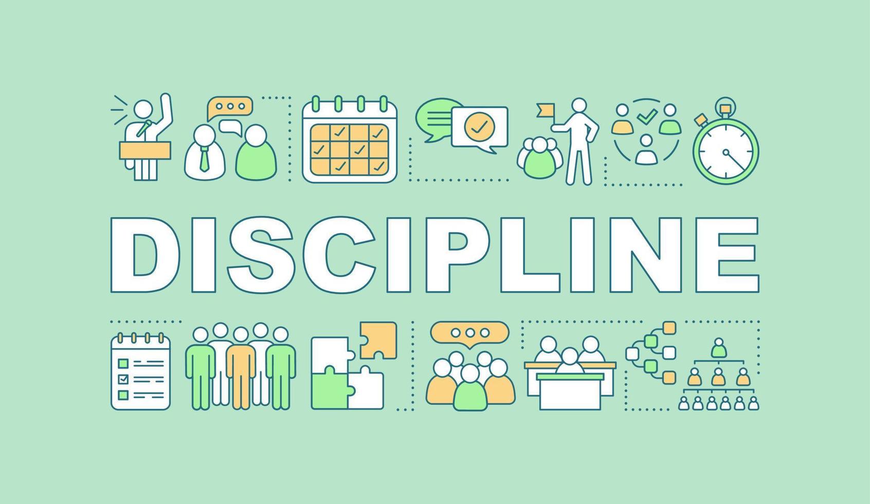 Discipline word concepts banner. HR management. Teamwork. Leadership, partnership. Staff, personnel. Colleagues interaction. Isolated lettering typography with linear icons. Vector illustration