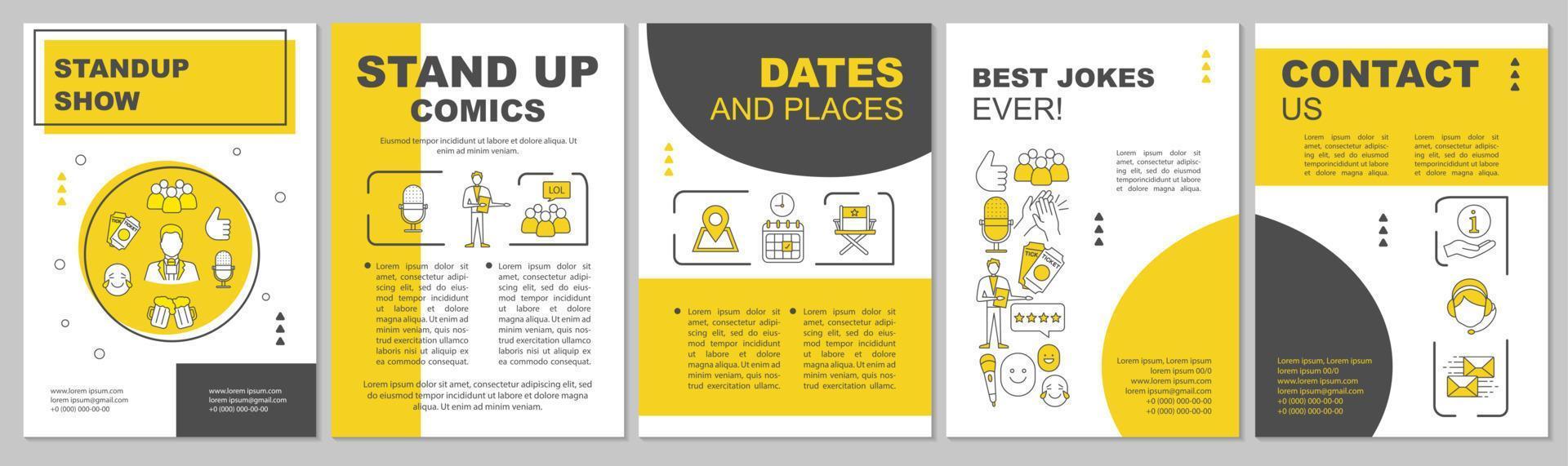 Standup show brochure template layout. Event in theatre. Concert, cinema. Flyer, booklet print design with linear illustrations. Vector page layouts for magazines, annual reports, advertising posters