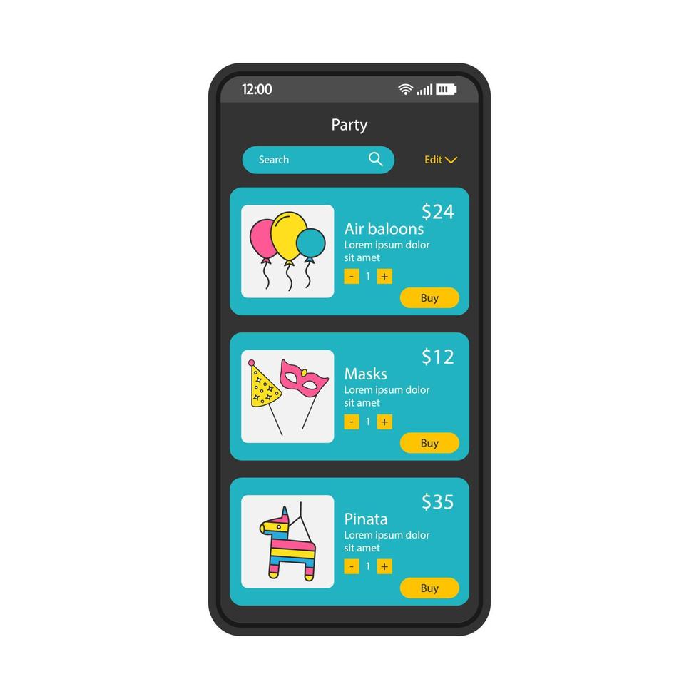 Party accessories smartphone interface vector template. Mobile app page black design layout. Holiday, Birthday essentials online shop screen. Flat UI. Phone display with air balloons, masks, pinata