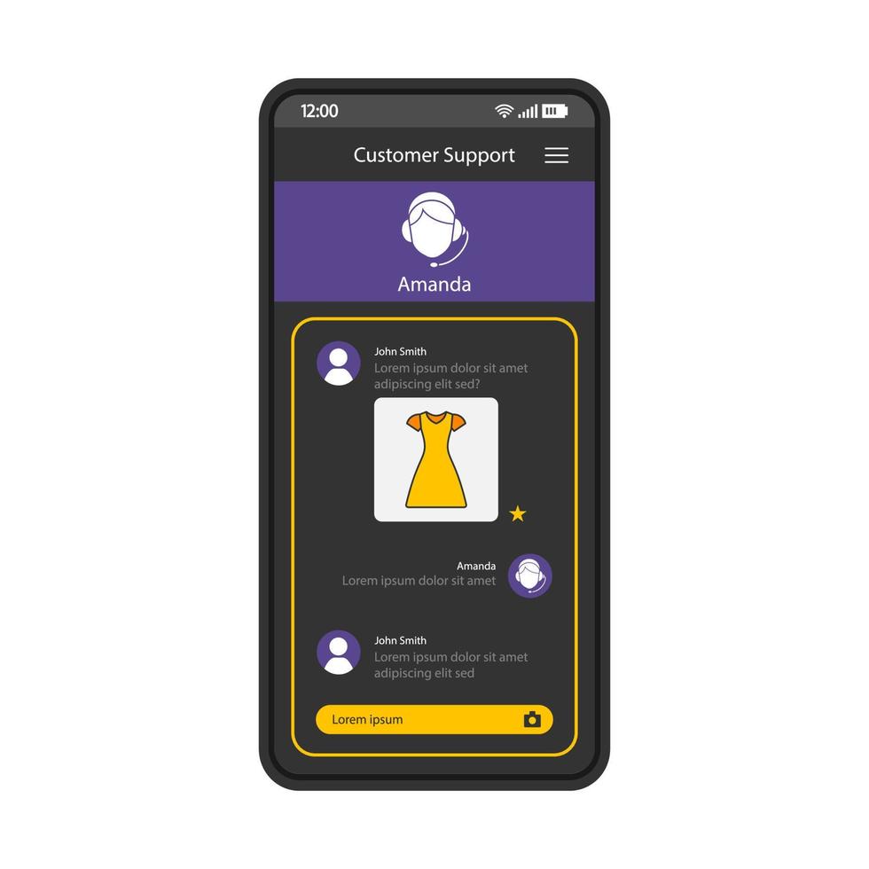 Customer support live chat smartphone interface vector template. Mobile app page black design layout. Marketplace client tech service screen. Flat UI. Shopping application online help phone display