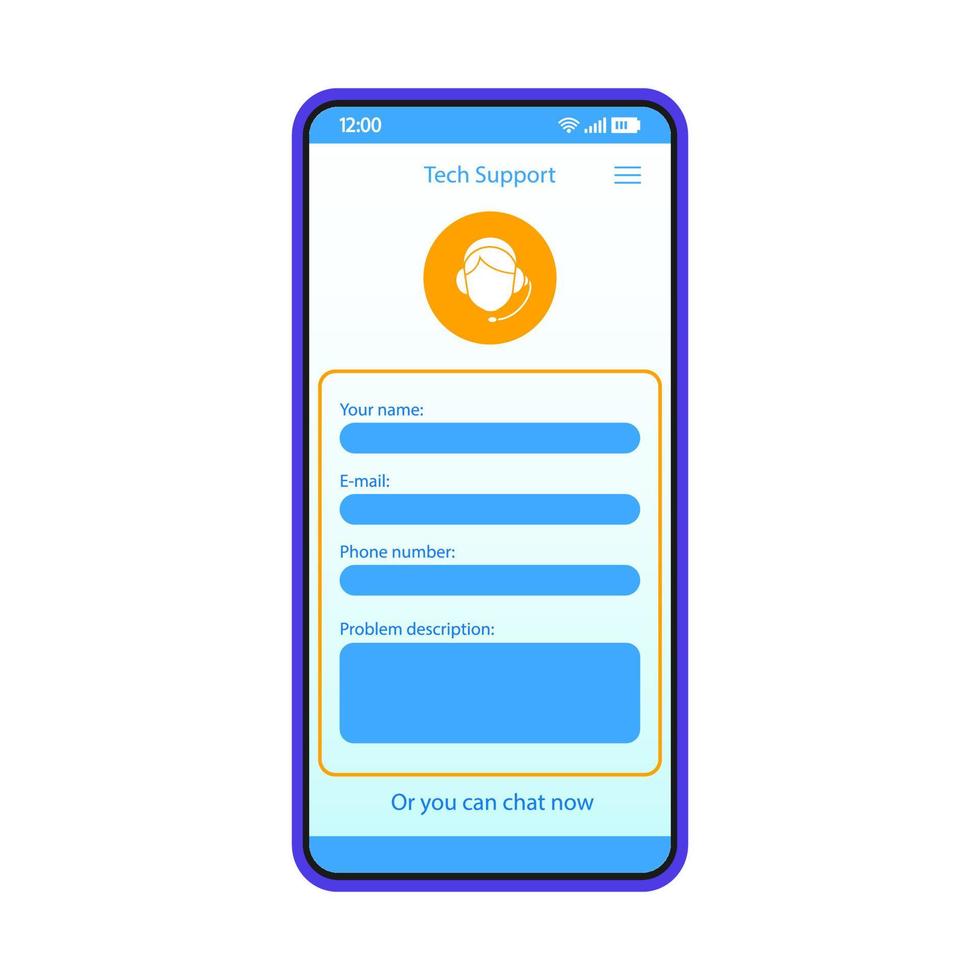 plantilla de vector de interfaz de teléfono inteligente de soporte técnico. diseño de diseño azul de la aplicación móvil. formulario de solicitud de ayuda, pantalla de la página de la aplicación de servicio al cliente. interfaz de usuario plana asistencia técnica, chatea ahora en la pantalla del teléfono