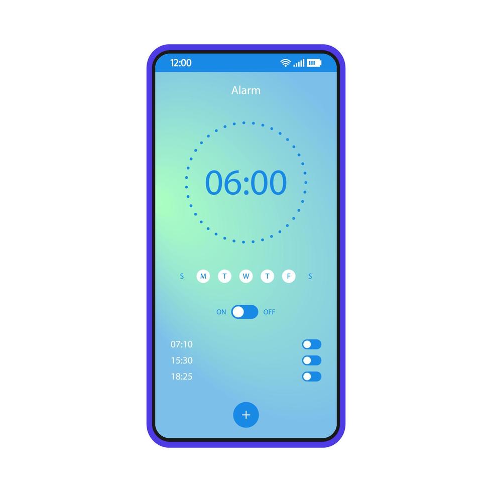 plantilla de vector de interfaz de teléfono inteligente de aplicación de reloj de alarma. diseño de diseño azul de la página de la aplicación de activación móvil. pantalla de opciones de encendido y apagado. interfaz de usuario plana degradada para la aplicación. levantarse hora configuración teléfono pantalla