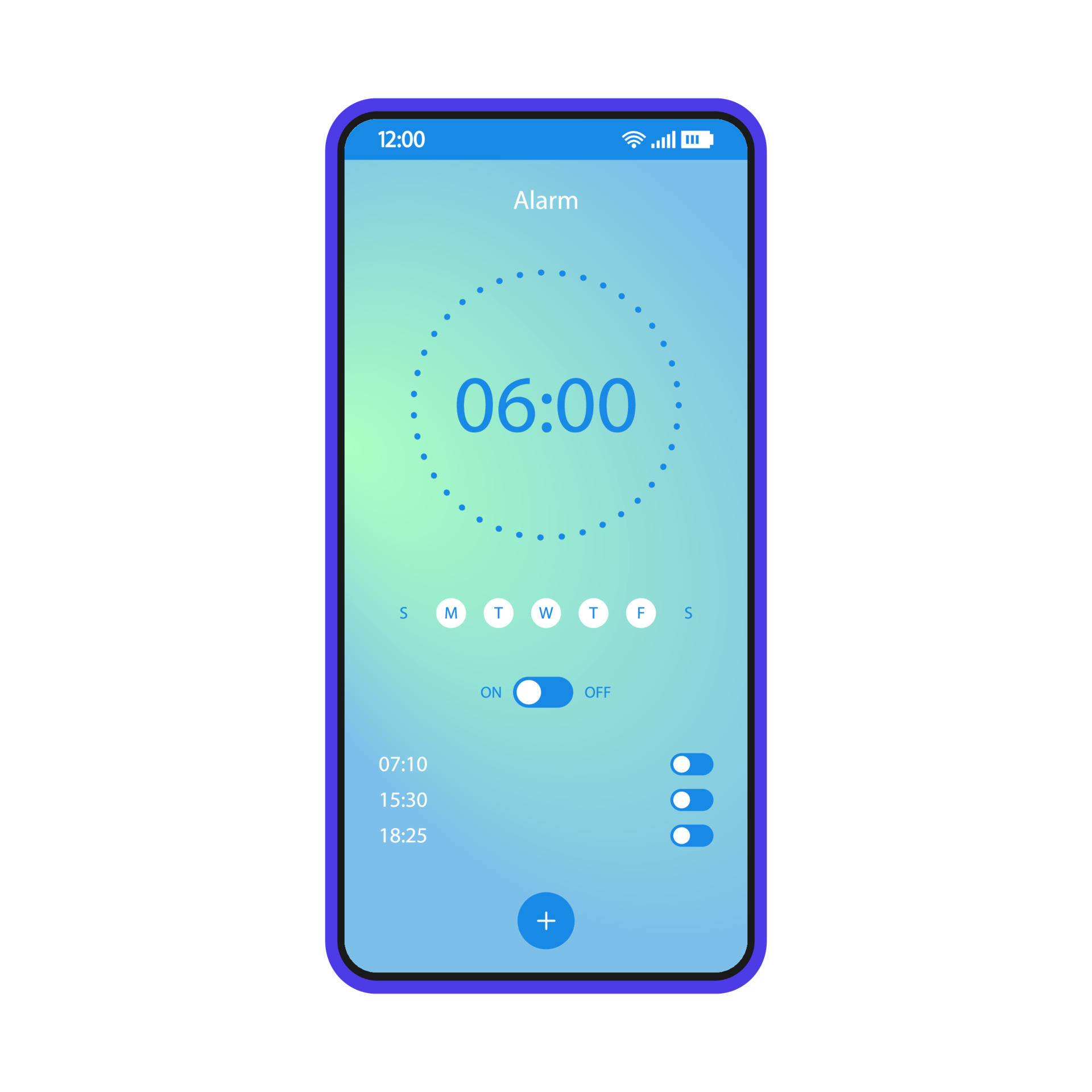 Alarm clock app smartphone interface vector template. Mobile wake up application page blue