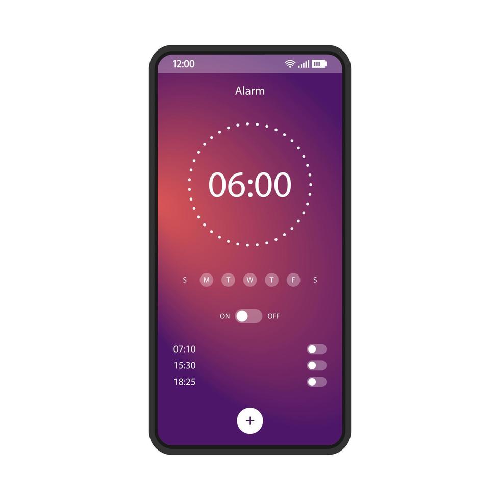 Alarm clock app smartphone interface vector template. Mobile get up application page black design layout. Gradient flat UI for application. On, off options screen. Wake up time settings phone display