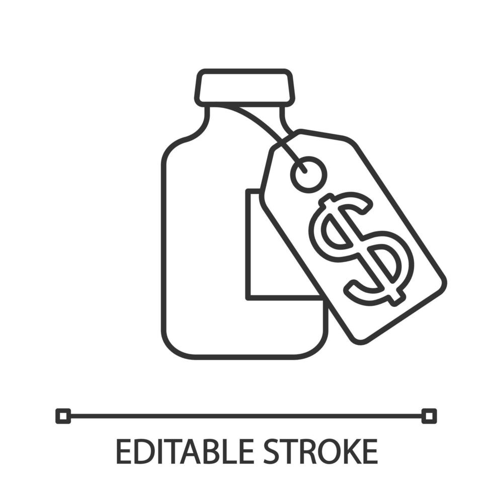 Vaccine price linear icon. Thin line illustration. Medical vial with cost label. Pharmacy. Medications, drugs with dollar tag. Contour symbol. Vector isolated outline drawing. Editable stroke