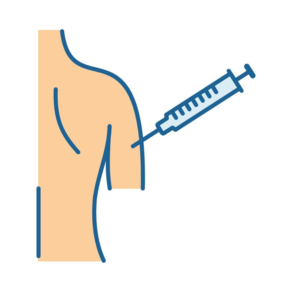 Vaccination color icon. Flu shot. Polio, measles vaccine. Women arm injection. Immunization. Tetanus vaccine procedure. Isolated vector illustration