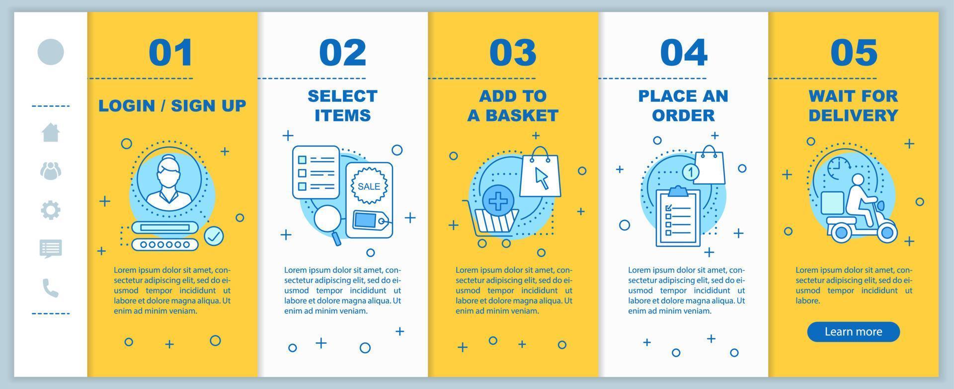 Online shopping onboarding mobile app page screen vector template. Select items, add to basket, place order walkthrough website steps with linear illustrations. UX, GUI smartphone interface concept