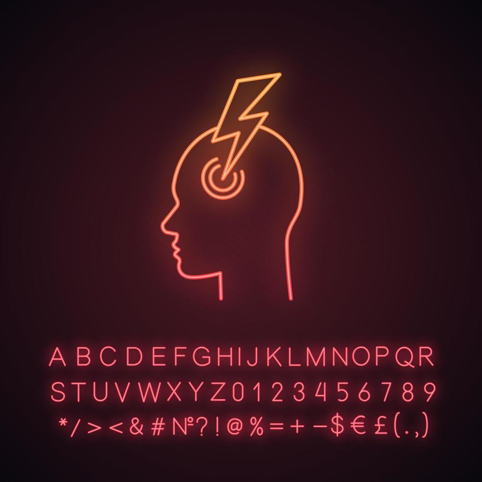 Migraine neon light icon. Human head with lightning bolt. Thunderclap headache. Temple pressure, tension, pain. Flu symptom. Glowing sign with alphabet, numbers, symbols. Vector isolated illustration