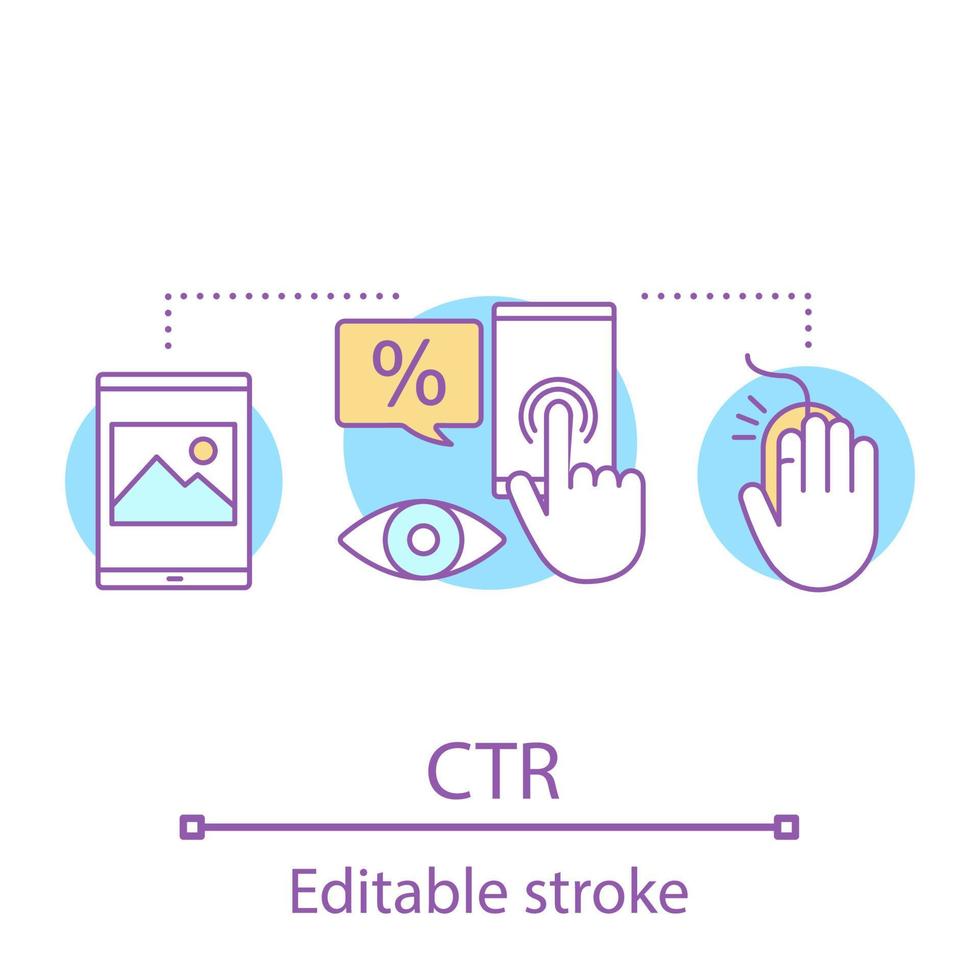 CTR concept icon. Click through rate idea thin line illustration. Internet marketing. Conversion rate. SMM. Vector isolated outline drawing. Editable stroke