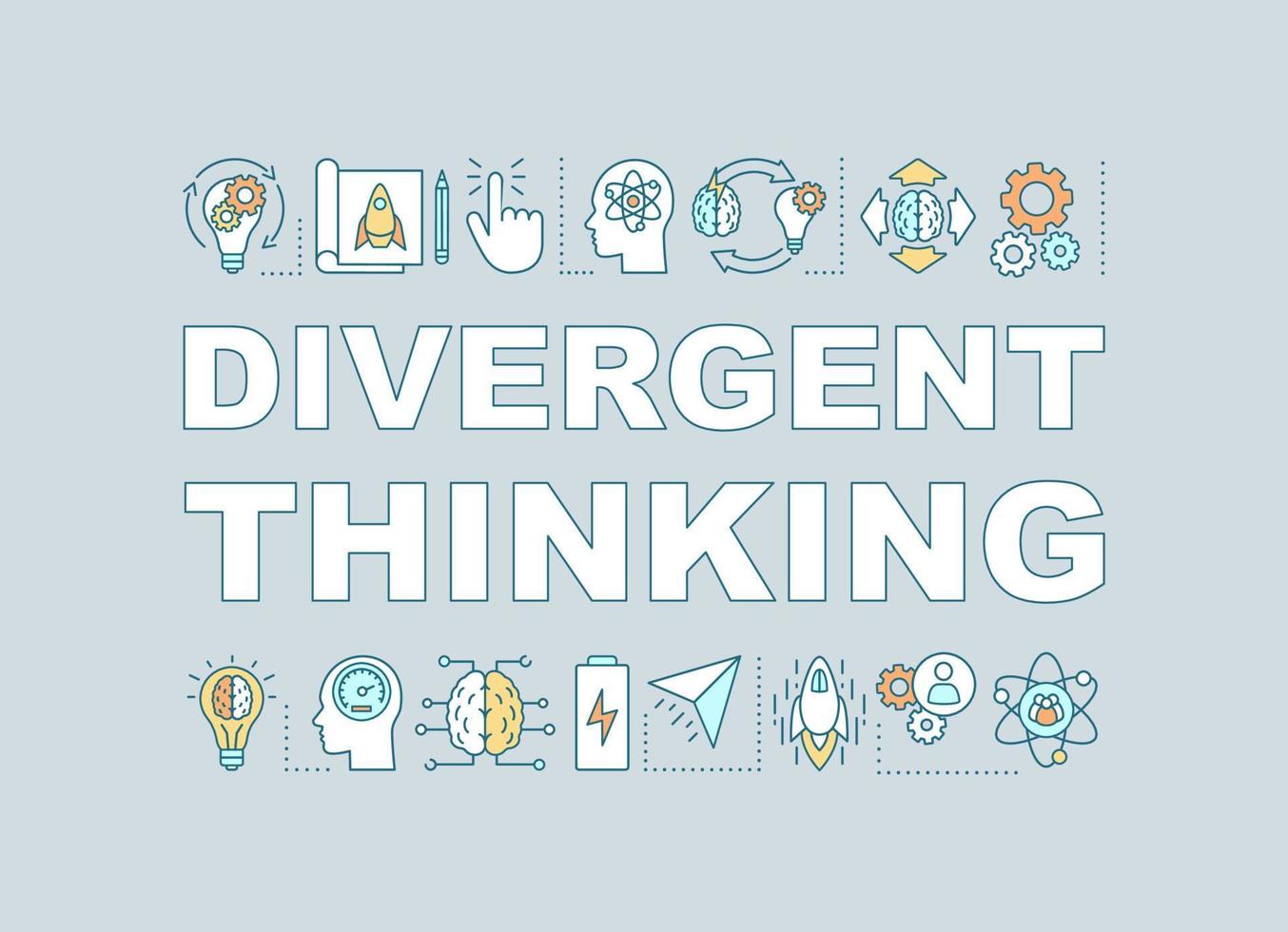 Divergent thinking word concept banner. Efficiency and productivity. Project management. Solution searching. Isolated lettering typography with linear icons. Vector outline illustration