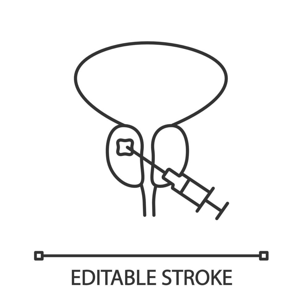 Prostate biopsy linear icon. Thin line illustration. Prostate cancer test and diagnostics. Transrectal biopsy. Medical exam, screening. Contour symbol. Vector isolated outline drawing. Editable stroke