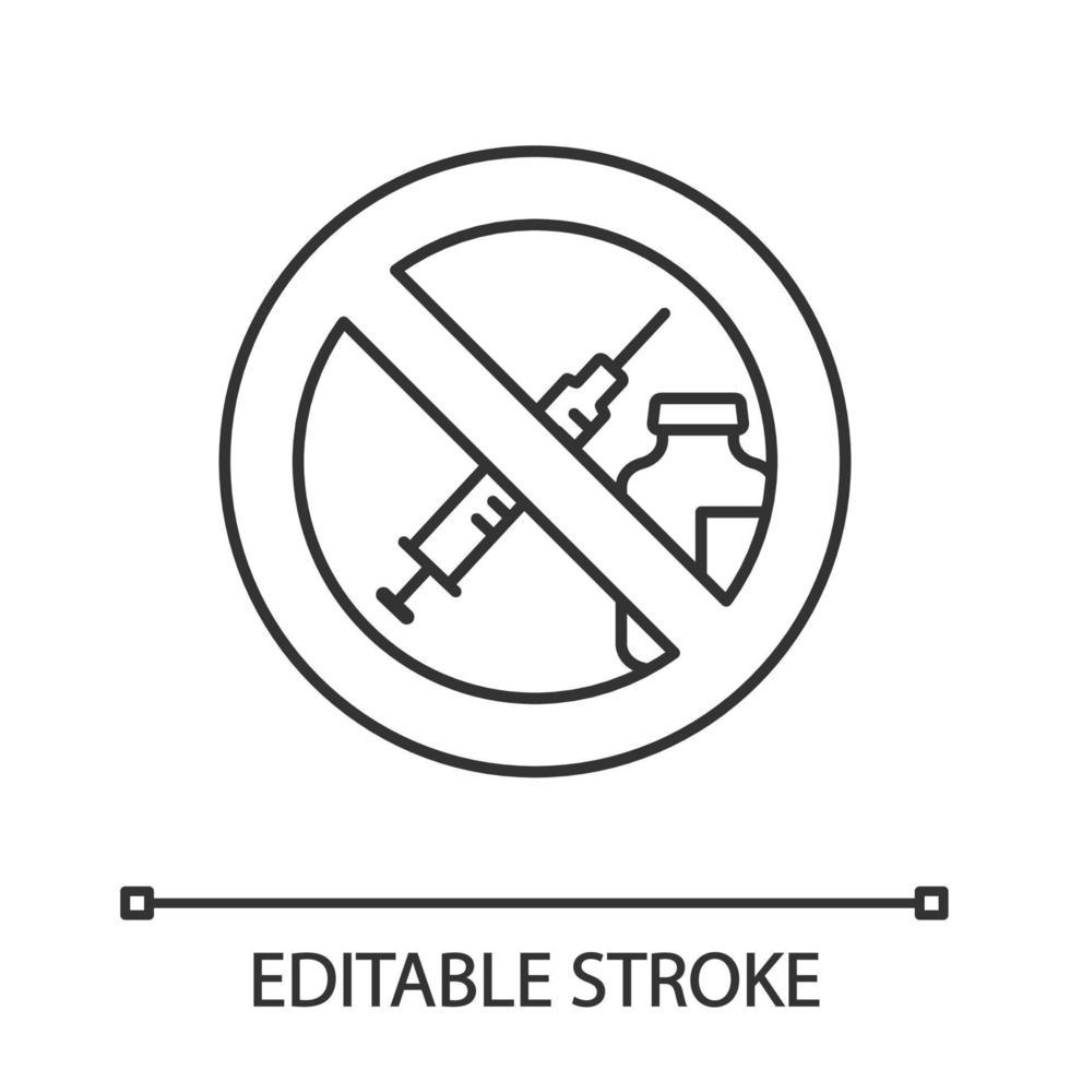Drugs and pills prohibition sign linear icon. Thin line illustration. No syringe sticker. Injection forbidden. Anti vaccination. Contour symbol. Vector isolated outline drawing. Editable stroke