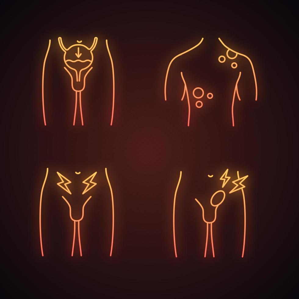 Men's health neon light icons set. Glowing signs. Urinary incontinence, skin and prostate cancer, inguinal hernia. Groin pain and bulging, involuntary urination. Vector isolated illustrations