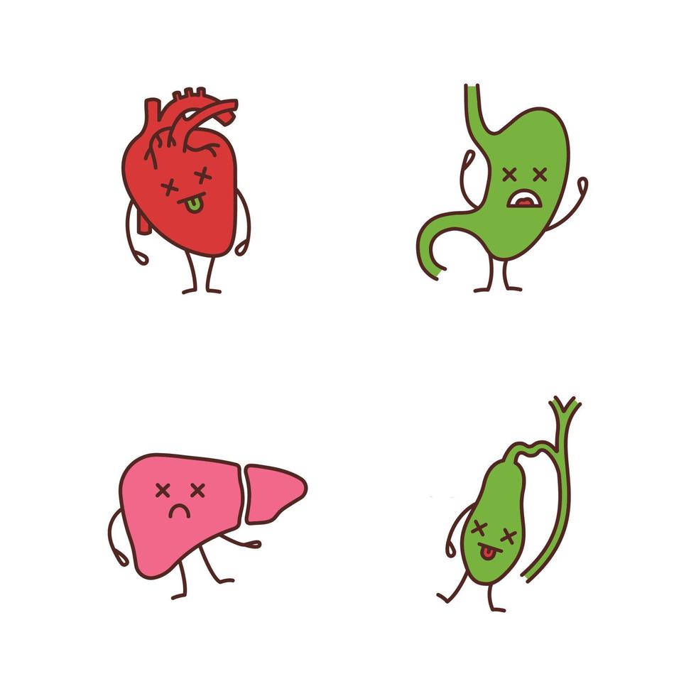 Sad human internal organs characters color icons set. Unhappy heart, stomach, liver, gallbladder. Unhealthy cardiovascular and digestive systems. Isolated vector illustrations