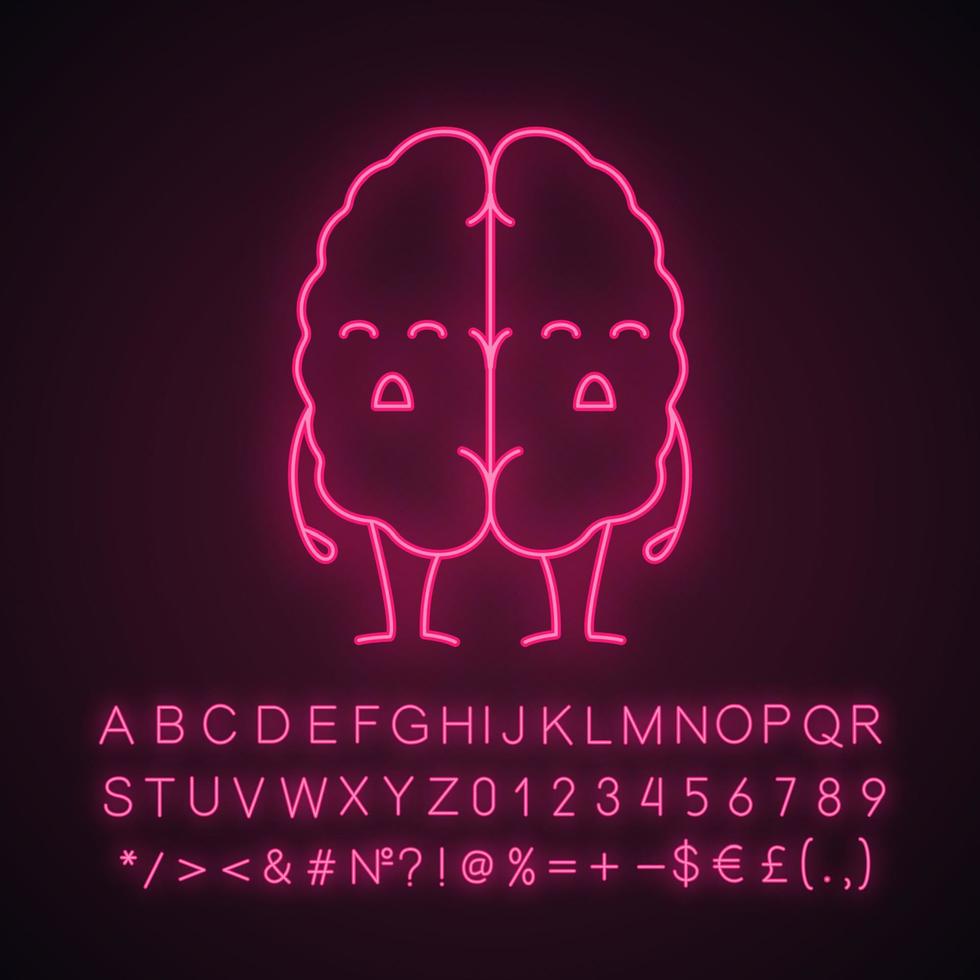 Sad human brain emoji neon light icon. Dementia, stroke. Unhealthy nervous system organ character. Glowing sign with alphabet, numbers and symbols. Vector isolated illustration