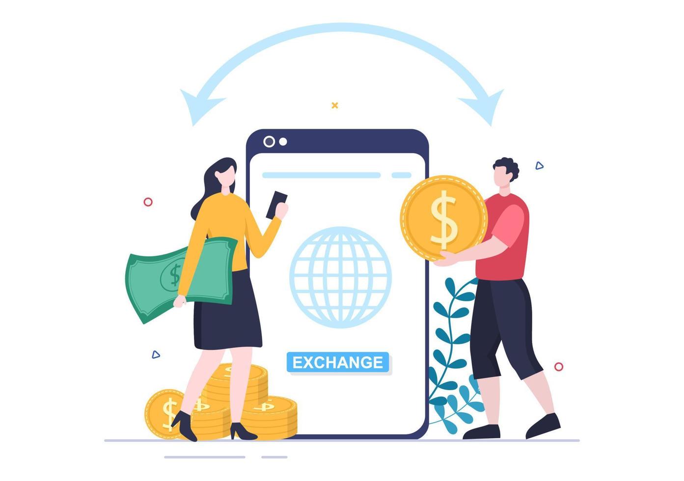 World Currency Exchange Services Cartoon Illustration Online Economy Applications for Cryptography, Euro, Dollar with Transaction Code vector