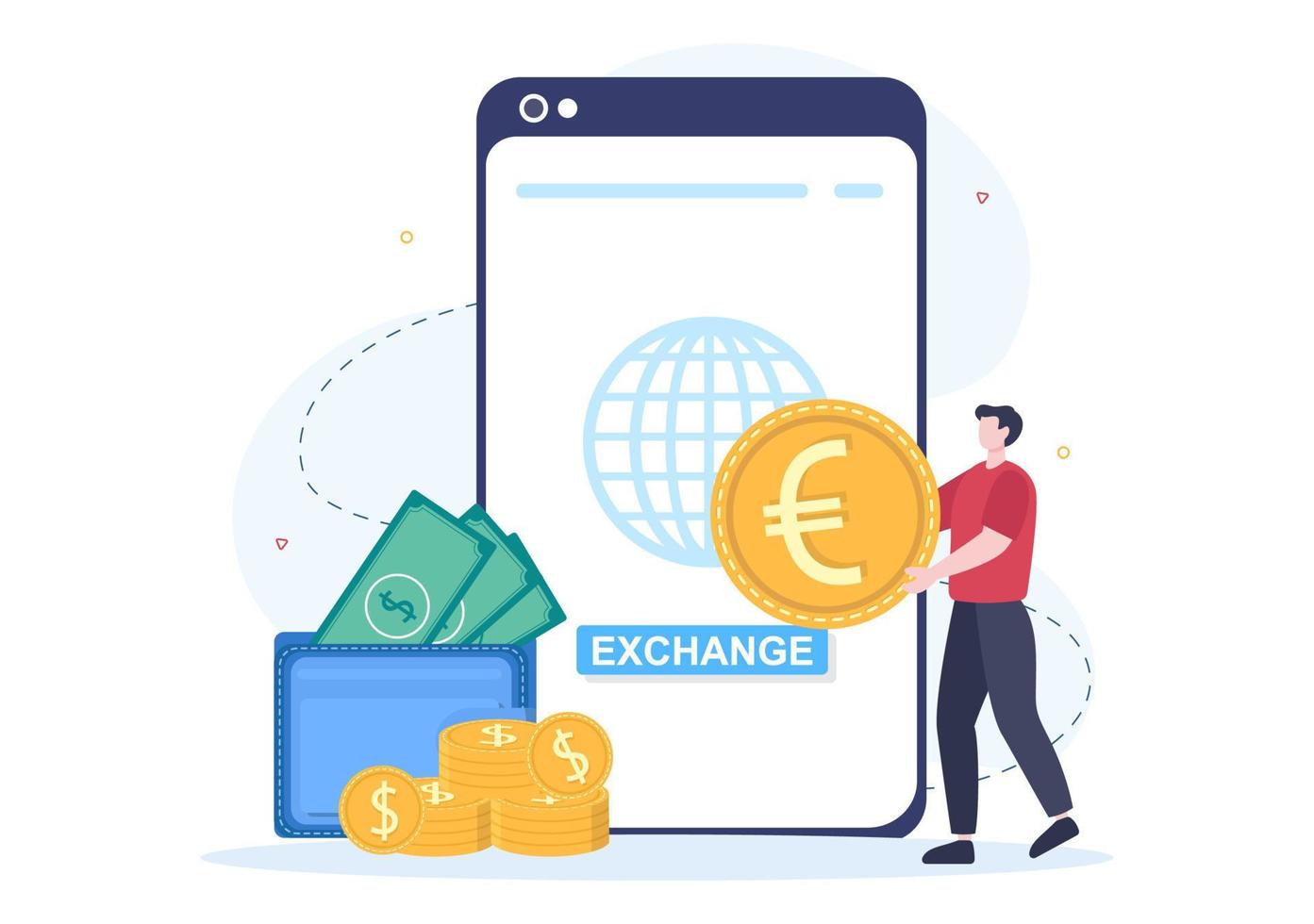 World Currency Exchange Services Cartoon Illustration Online Economy Applications for Cryptography, Euro, Dollar with Transaction Code vector