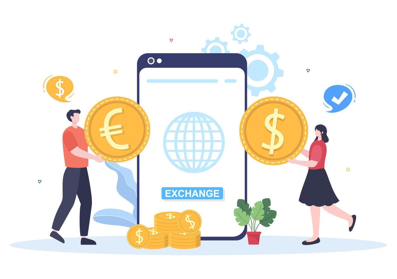 World Currency Exchange Services Cartoon Illustration Online Economy Applications for Cryptography, Euro, Dollar with Transaction Code vector