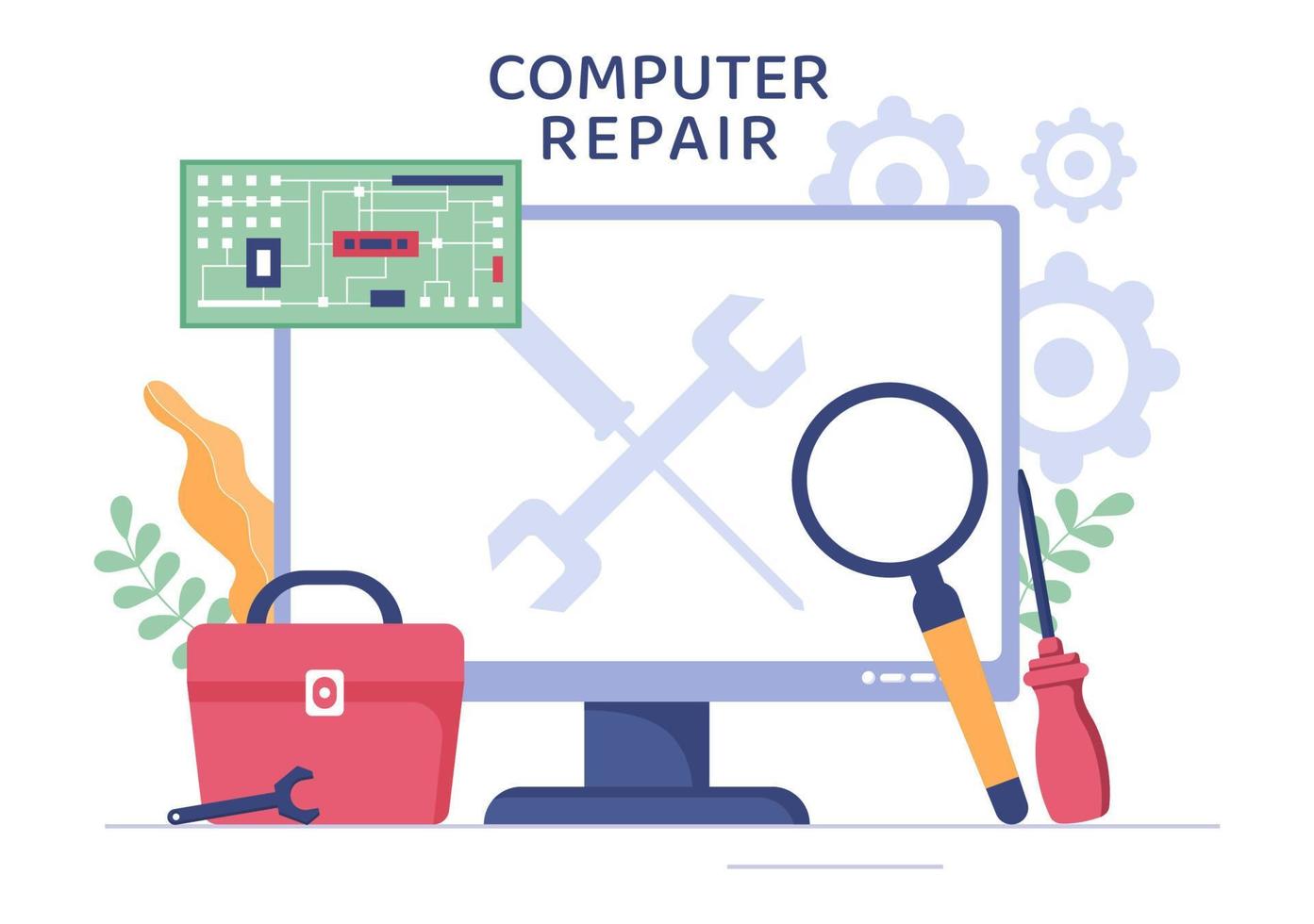 ilustración de caricatura plana de reparación o servicio de computadora con herramientas electrónicas de reparador para el centro de recuperación de datos y bloqueo en la pc vector