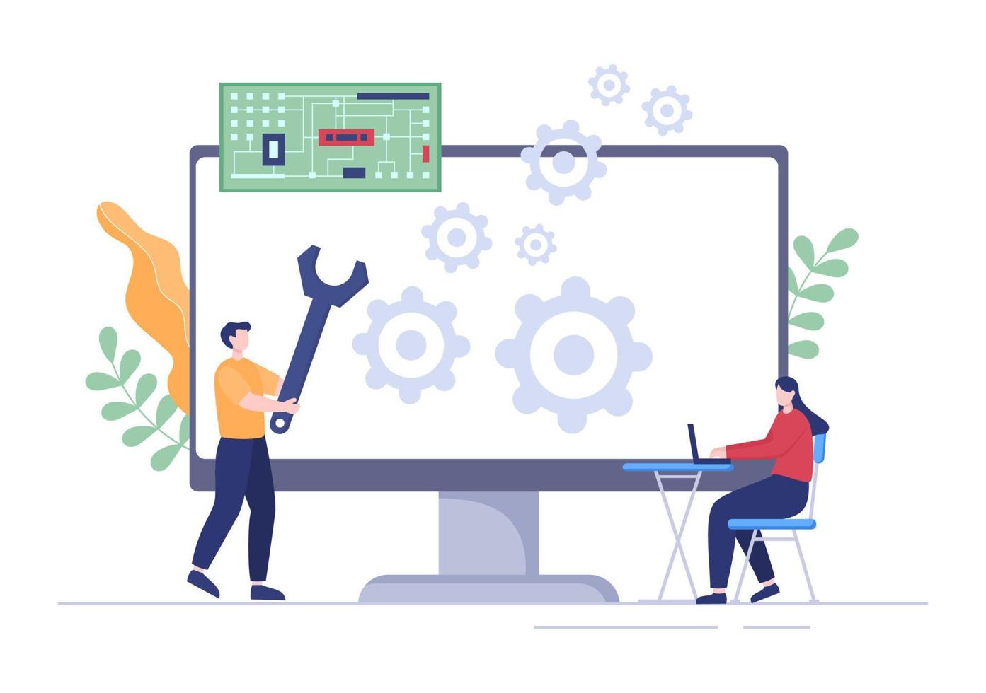 Computer Repair or Service Flat Cartoon Illustration with Tools Repairman Electronics for for Data Recovery Center and Crash on PC vector