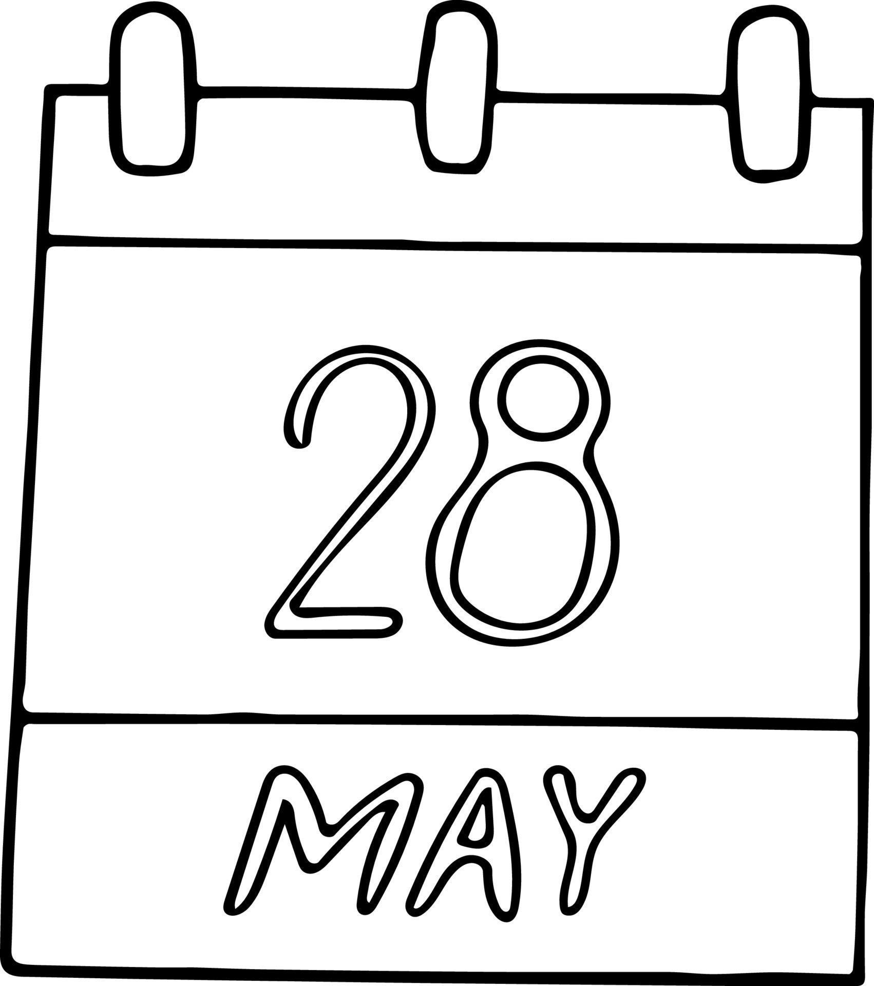 calendar hand drawn in doodle style. May 28. Day, date. element for