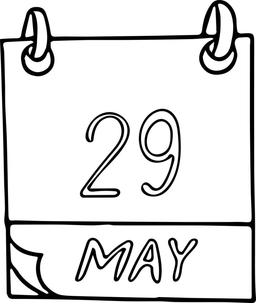calendar hand drawn in doodle style. May 29. World Digestive Health Day, International United Nations Peacekeepers, date. icon, sticker element for design. planning, business holiday vector