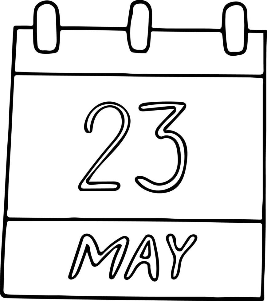calendario dibujado a mano en estilo garabato. 23 de mayo. día mundial de la tortuga, fecha. planificación de elementos vectoriales vector