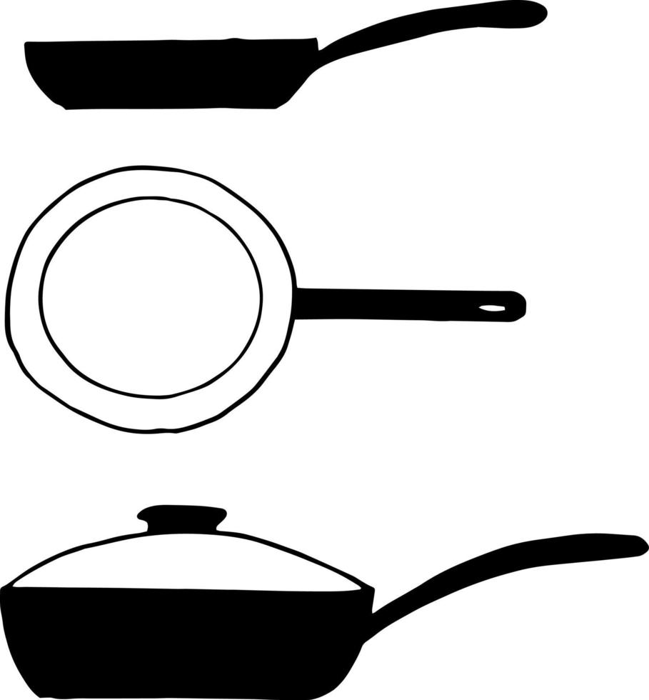 icono del juego de sartenes, pegatina. boceto estilo garabato dibujado a mano. , minimalismo, monocromo. platos cocinar alimentos freír vector