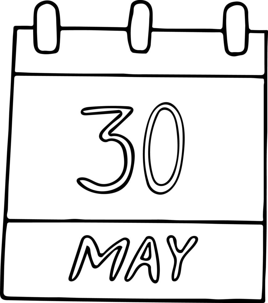 calendario dibujado a mano en estilo garabato. 30 de mayo. día mundial del tai chi y el qigong, fecha. elemento para el diseño. planificación, vacaciones de negocios vector