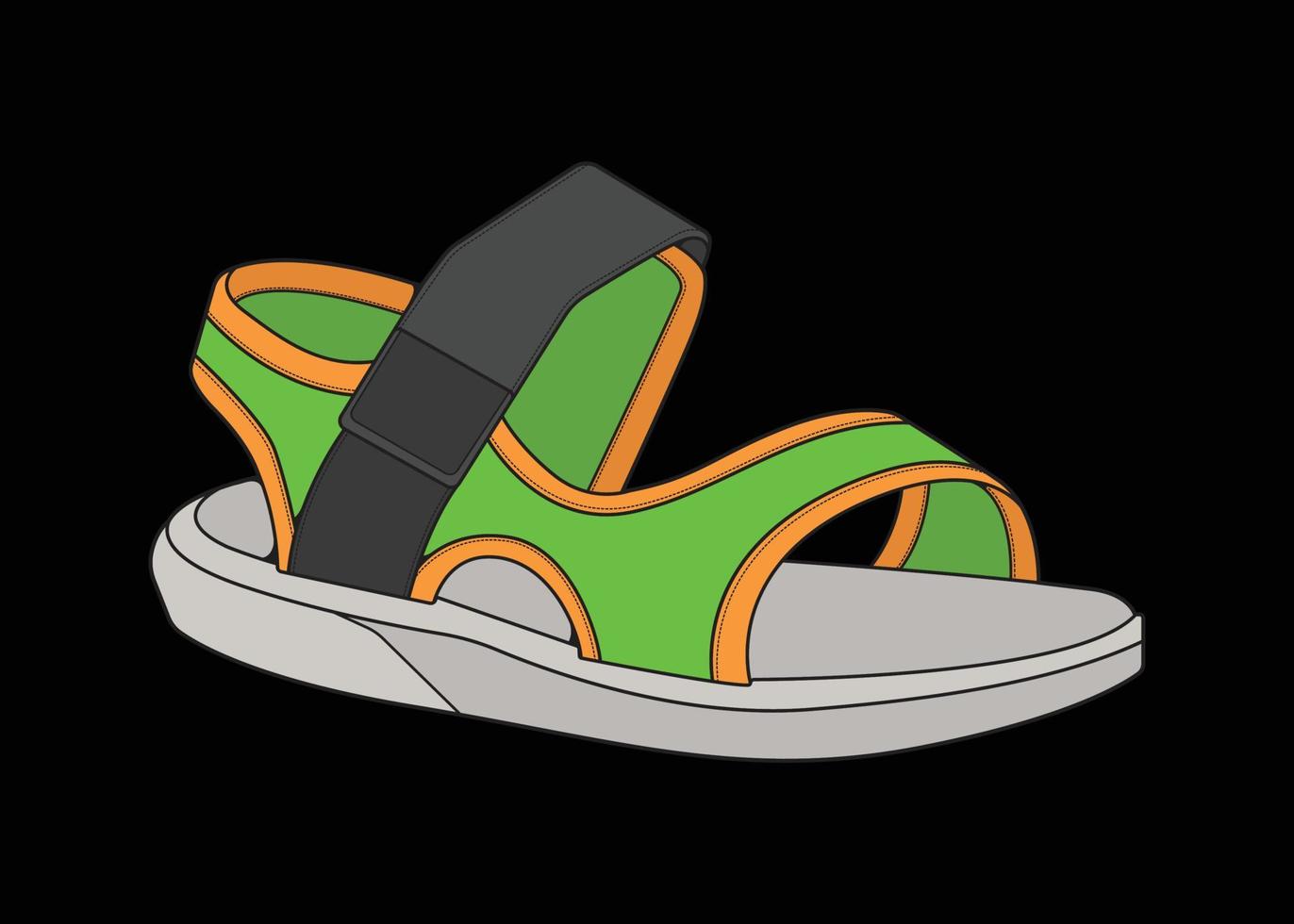 Ilustración de vector de sandalia con fondo negro. zapato de verano de sandalia de dibujos animados.