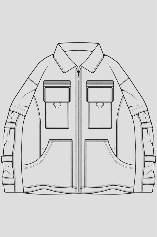 boceto de ilustración de moda técnica de chaqueta rompevientos, mangas largas, bolsillos ribeteados. chaqueta de boceto frontal de plantilla, con fondo de color gris. mujeres, hombres, unisex. vector