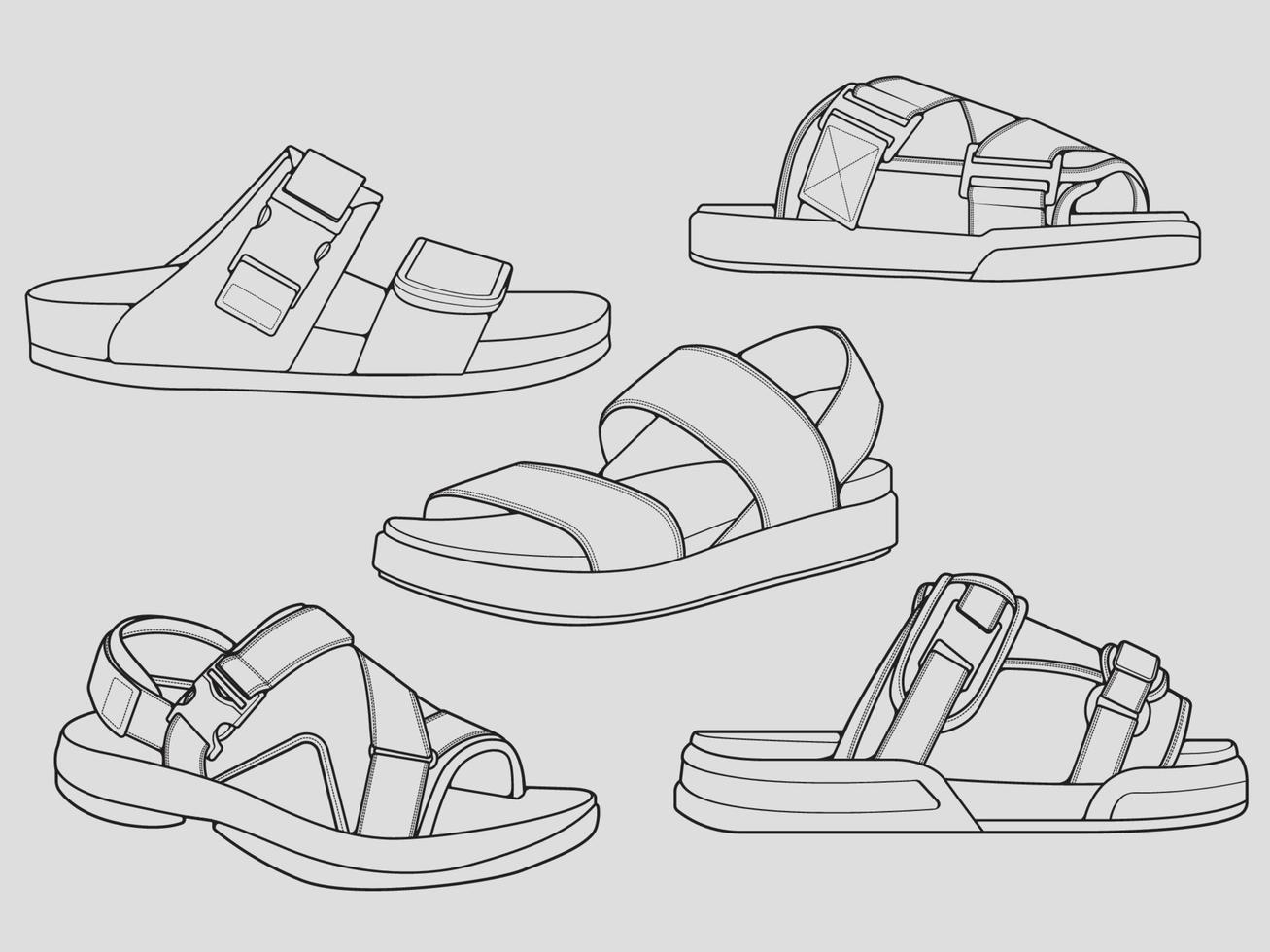 set of outline Cool strap sandals. strap sandals outline drawing vector, strap sandals drawn in a sketch style, strap sandals trainers template outline, Set Collection. grey background vector