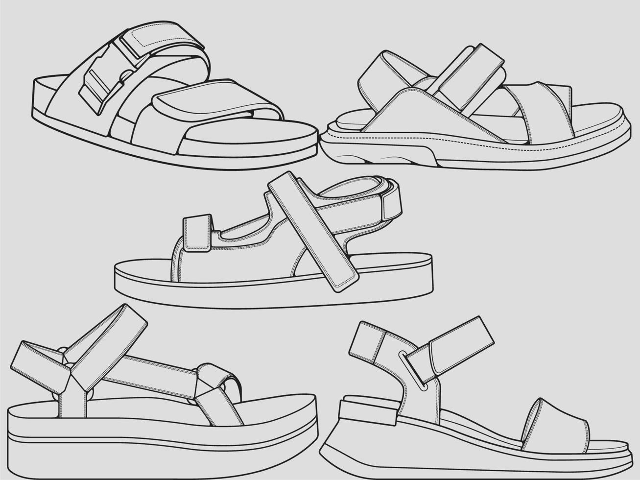 set of outline Cool strap sandals. strap sandals outline drawing vector, strap sandals drawn in a sketch style, strap sandals trainers template outline, Set Collection. grey background vector