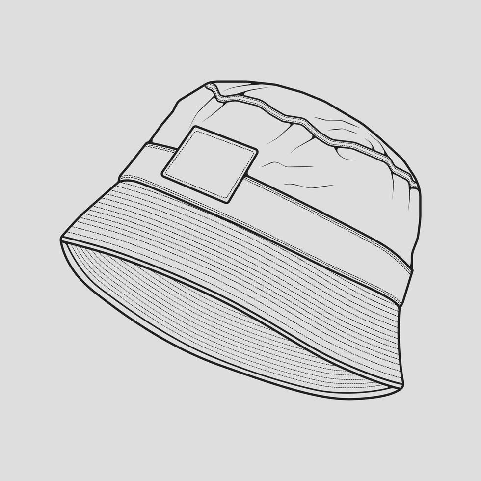 vector de dibujo de contorno de sombrero de cubo, sombrero de cubo en un estilo de boceto, contorno de plantilla de entrenadores, ilustración vectorial.