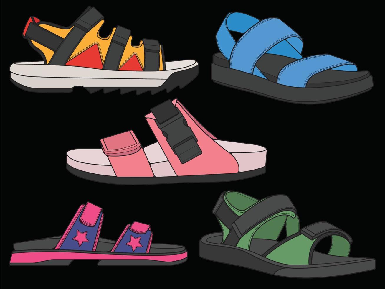 ilustración de conjunto de vectores de sandalia de moda con fondo negro. conjunto de zapatos de verano de sandalia de dibujos animados. calzado de verano de dibujos animados conjunto aislado.