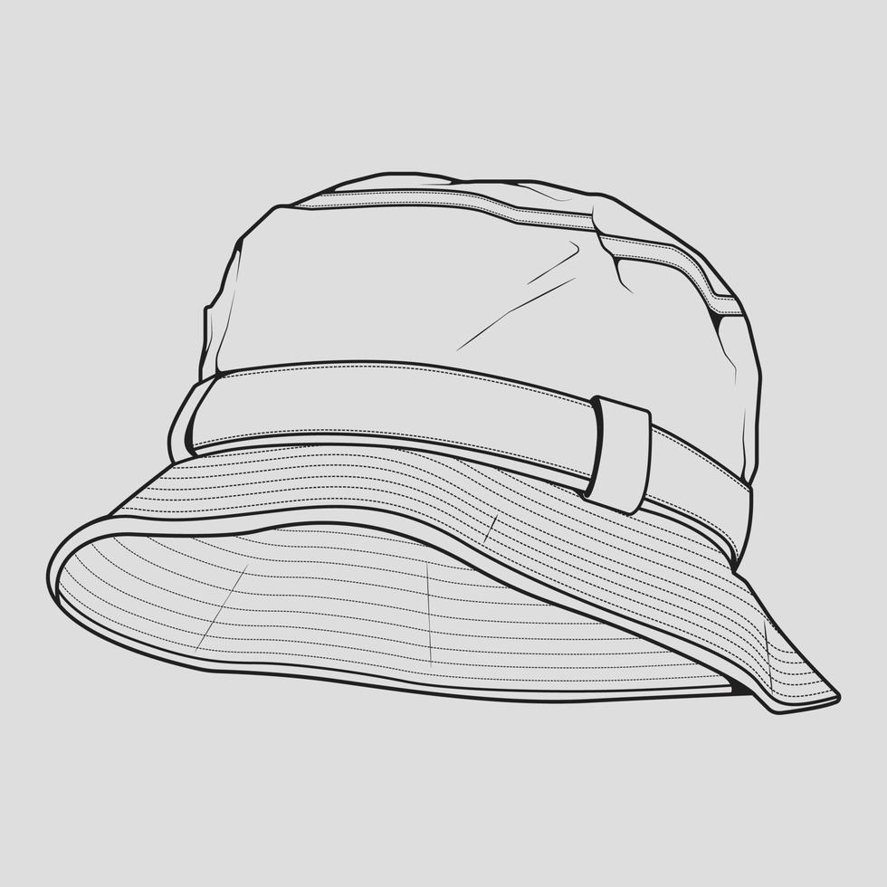 bucket hat outline drawing vector, bucket hat in a sketch style, trainers template outline, vector Illustration.