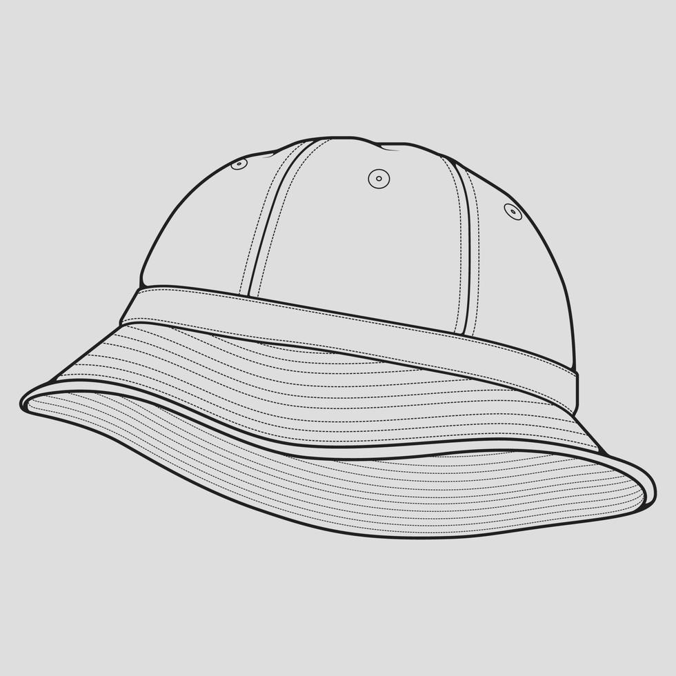 bucket hat outline drawing vector, bucket hat in a sketch style, trainers template outline, vector Illustration.