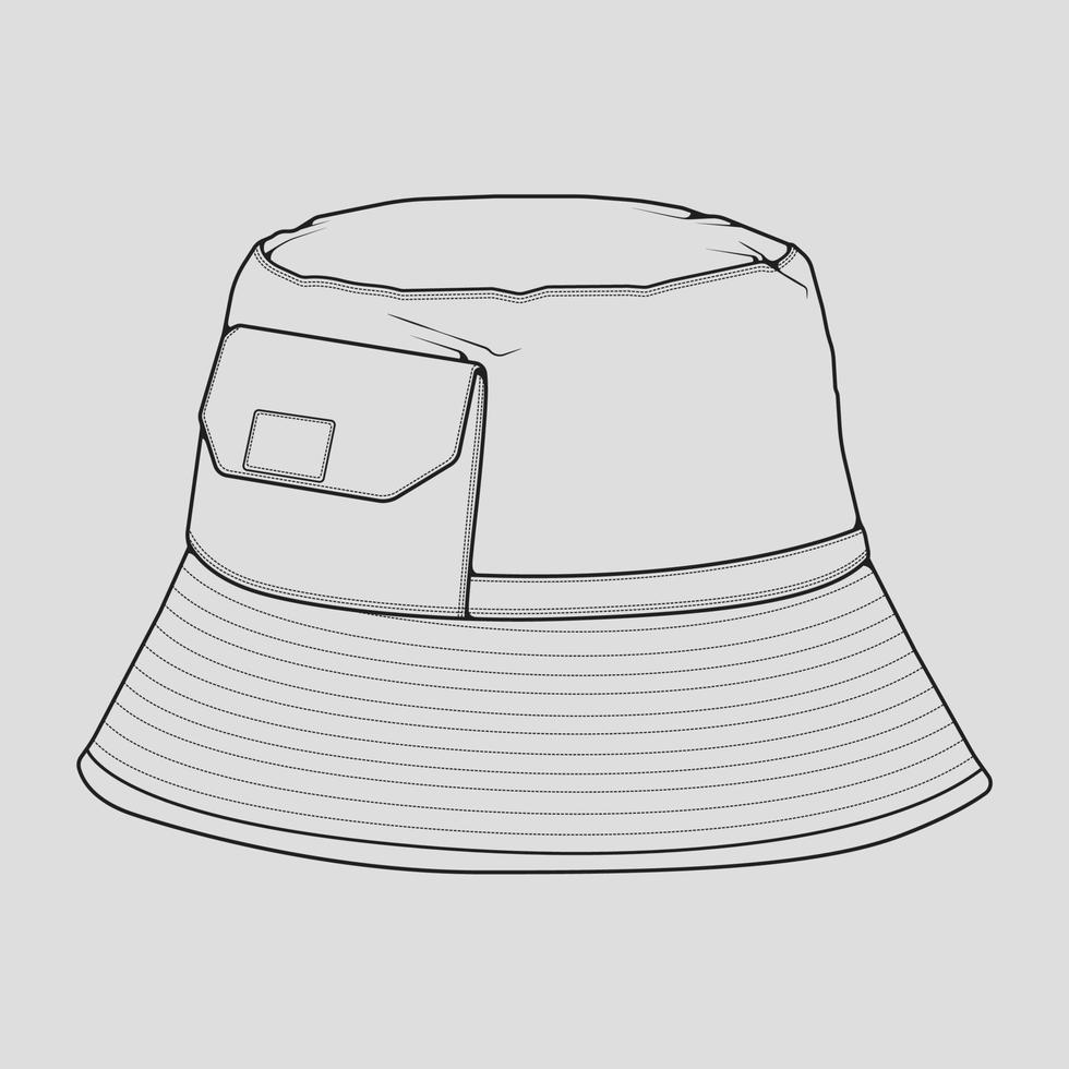 vector de dibujo de contorno de sombrero de cubo, sombrero de cubo en un estilo de boceto, contorno de plantilla de entrenadores, ilustración vectorial.