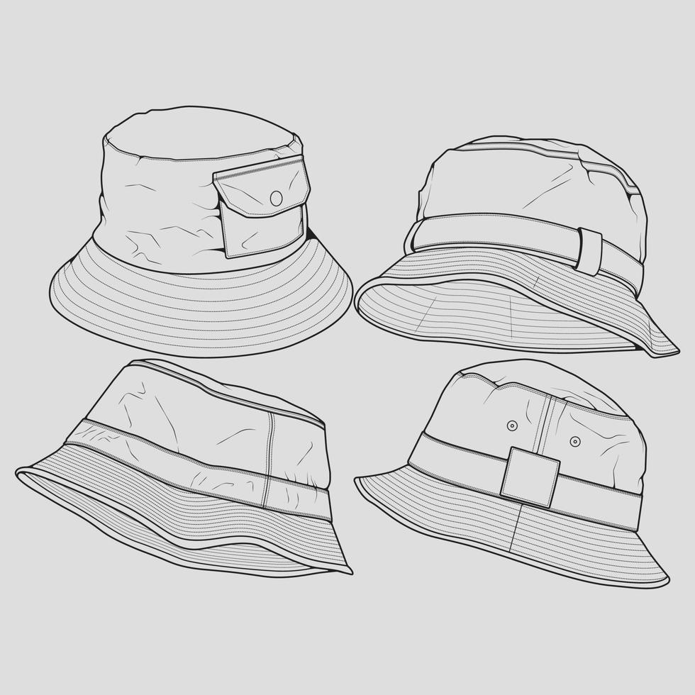 Bundle Set bucket hat outline drawing vector, set of bucket hat in a sketch style, trainers template outline, vector Illustration.
