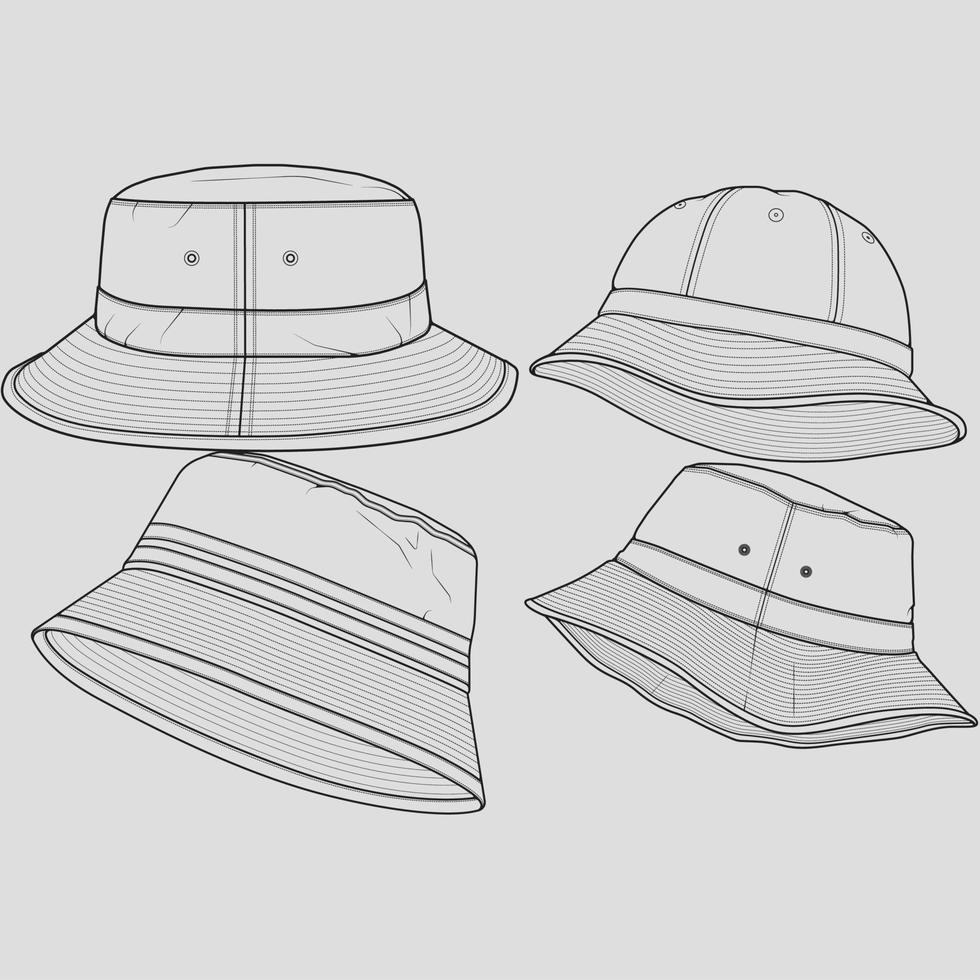 Bundle Set bucket hat outline drawing vector, set of bucket hat in a sketch style, trainers template outline, vector Illustration.